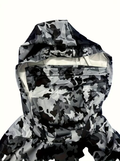 1pc Men'S Summer Sports Hooded Fishing Shirt, Geometric Pattern, Regular Fit, Sun Protection, Breathable, Anti-UV, with 180g/m² Spandex Fabric, for Casual Outdoor Knitwear - Image 5