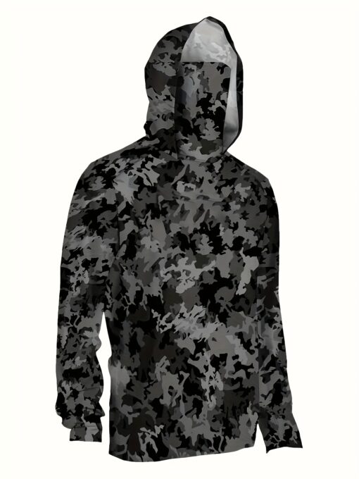 1pc Men'S Summer Sports Hooded Fishing Shirt, Geometric Pattern, Regular Fit, Sun Protection, Breathable, Anti-UV, with 180g/m² Spandex Fabric, for Casual Outdoor Knitwear