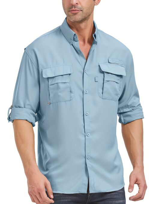 Men'S Summer Outdoor Sun Shirt, Quick Dry Lightweight Breathable Cooling Work Shirts, Long Sleeve UPF 50+ UV Protection Work Wear, Casual Button Cargo Shirts With Pocket, Lapel Collar, Regular Fit For Fishing, Hiking, Safari, Beach, Everyday Use