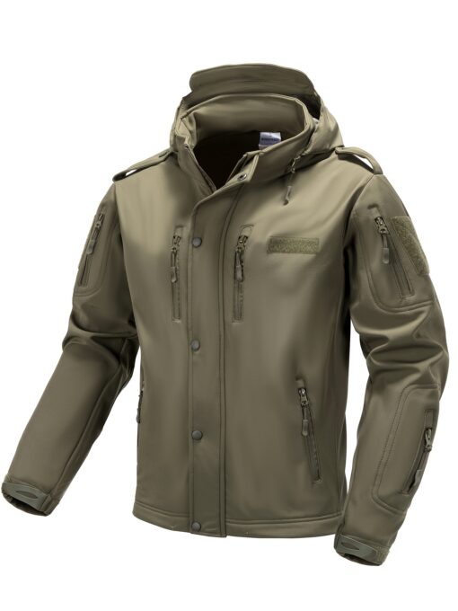 Men's Tactical Camo Jacket - Windproof, Warm Fleece-Lined Hooded Coat with Multiple Zip Pockets for Hunting & Outdoor Adventures, Olive Green, Hunting Jacket
