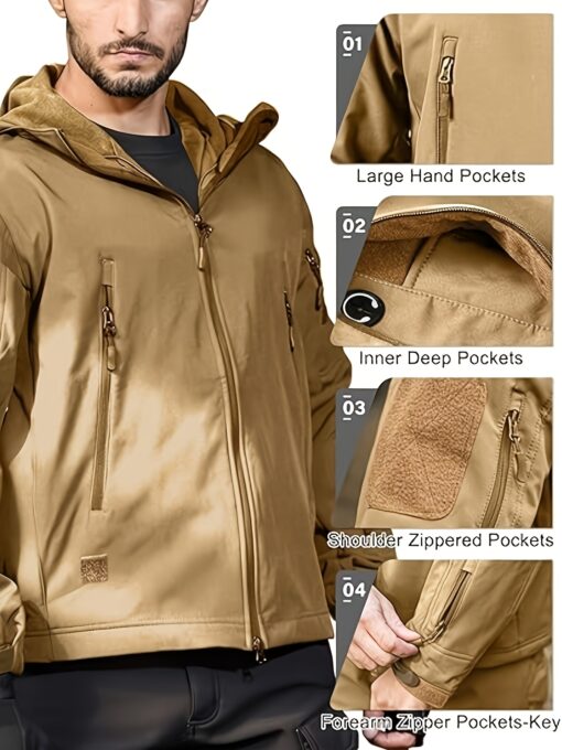 [Long Windproof Tactical Softshell Jacket] Men'S Tactical Softshell Jacket, Polyester Spandex Blend, Hooded, Zippered, Non-Stretch Fabric, Solid Color, Windproof, Long Length, Skinny Fit, with Pockets for Fall/Winter, Outdoor Activities - Image 7