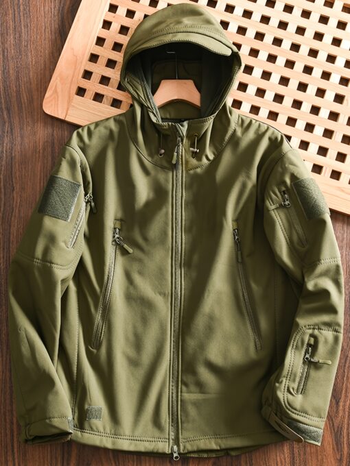 Men'S Tactical Hooded Jacket, Outdoor Soft Shell Shark Skin Jackets With Fleece, Multi Pocket, Autumn And Winter Warm Climbing Windproof Sports Coats, Casual Thermal Zip Up Outfit - Image 3