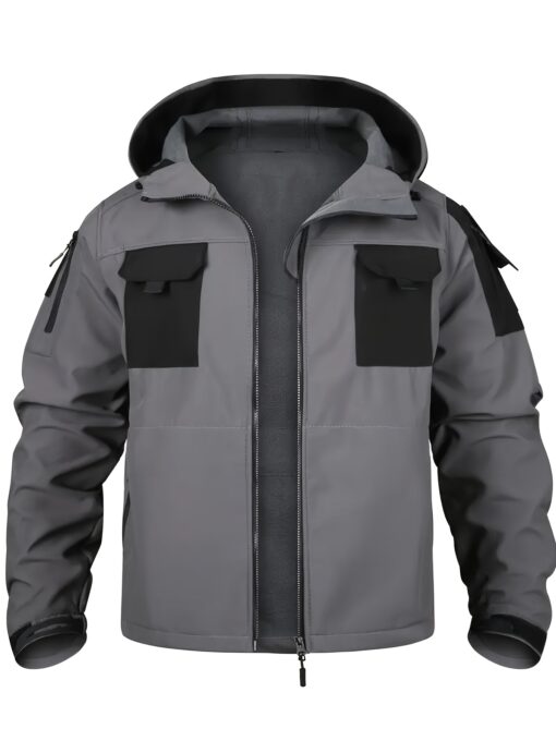 Men's Windproof Fleece-Lined Hooded Softshell Jacket - Multi-Pocket Shark Light Beige Design, Zip Closure, Regular Fit Polyester Coat for Hiking, Camping, Hunting, Fishing, Running & Training - Solid Color, Camping Jacket, Outdoor Apparel, Tactical Outdoor Wear, Durable Outdoor Wear - Image 6