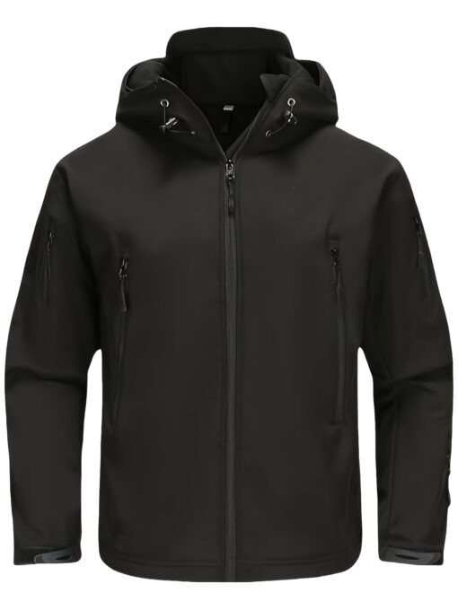 [Long Windproof Tactical Softshell Jacket] Men'S Tactical Softshell Jacket, Polyester Spandex Blend, Hooded, Zippered, Non-Stretch Fabric, Solid Color, Windproof, Long Length, Skinny Fit, with Pockets for Fall/Winter, Outdoor Activities