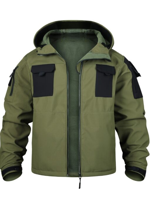 Men's Tactical Hooded Jacket - Soft Shell, Windproof, Fleece-Lined with Multiple Pockets for Warmth & Comfort, Olive Green with Black Accents, Perfect for Hiking, Outdoor, and Casual Wear