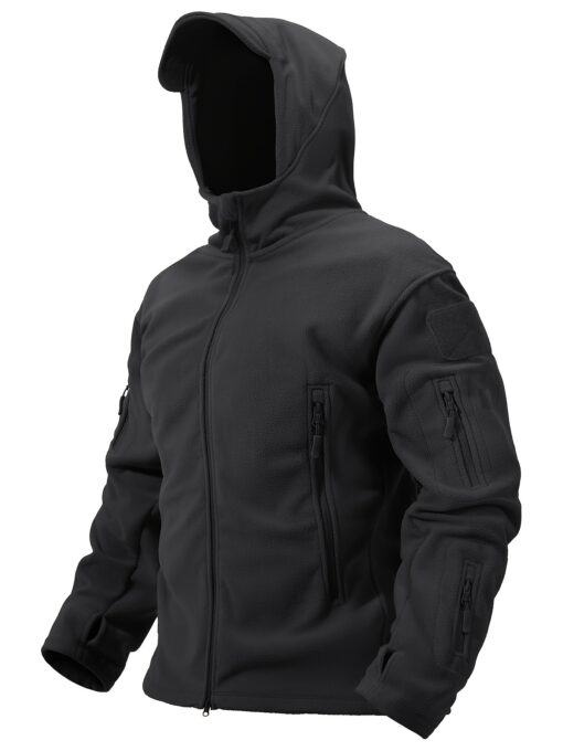 Men's Winter Tactical Hoodie Jacket - Windproof, Warm Polyester Fleece with Multiple Pockets, Thumbhole Cuffs, and Adjustable Drawstring Hem for Outdoor Sports and Hunting