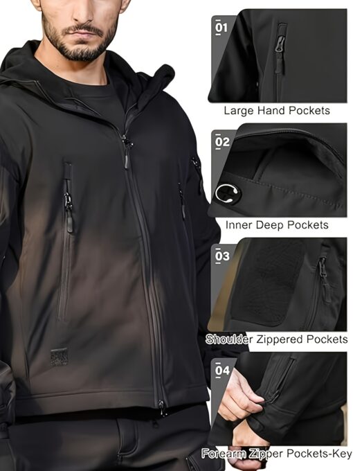 [Long Windproof Tactical Softshell Jacket] Men'S Tactical Softshell Jacket, Polyester Spandex Blend, Hooded, Zippered, Non-Stretch Fabric, Solid Color, Windproof, Long Length, Skinny Fit, with Pockets for Fall/Winter, Outdoor Activities - Image 8