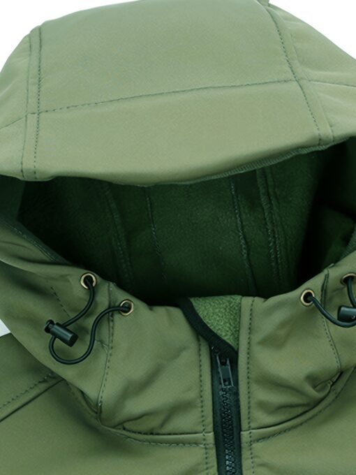 Men's Tactical Hooded Jacket - Soft Shell, Windproof, Fleece-Lined with Multiple Pockets for Warmth & Comfort, Olive Green with Black Accents, Perfect for Hiking, Outdoor, and Casual Wear - Image 10