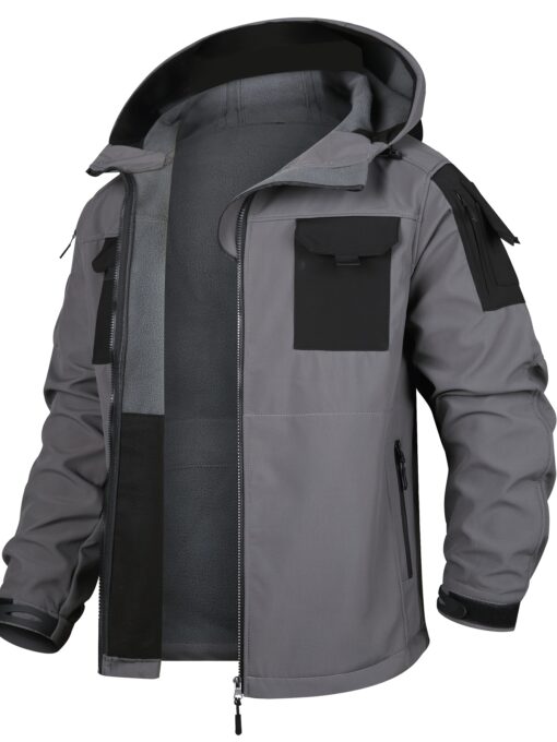 Men's Tactical Hooded Jacket - Soft Shell, Windproof, Fleece-Lined with Multiple Pockets for Warmth & Comfort, Olive Green with Black Accents, Perfect for Hiking, Outdoor, and Casual Wear - Image 2