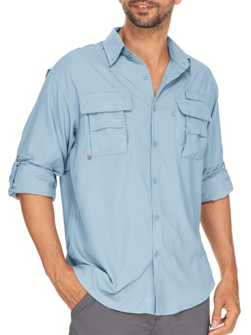 Men'S Summer Outdoor Sun Shirt, Quick Dry Lightweight Breathable Cooling Work Shirts, Long Sleeve UPF 50+ UV Protection Work Wear, Casual Button Cargo Shirts With Pocket, Lapel Collar, Regular Fit For Fishing, Hiking, Safari, Beach, Everyday Use - Image 7