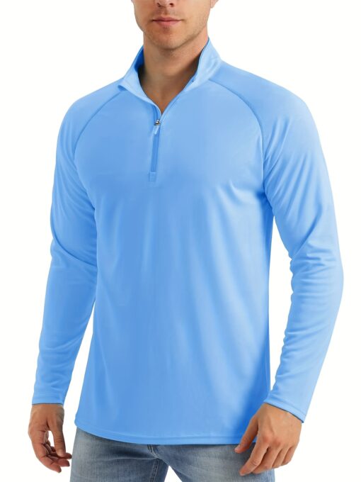 Men's UPF 50+ Sun Protection Long Sleeve Shirt - Lightweight Breathable Moisture-Wicking Quick-Dry Polyester with 1/4 Zip Stand Collar for Fishing, Running, Golf, Cycling, Hiking - Summer Outdoor Sports Shirt, Sun Protection Shirt