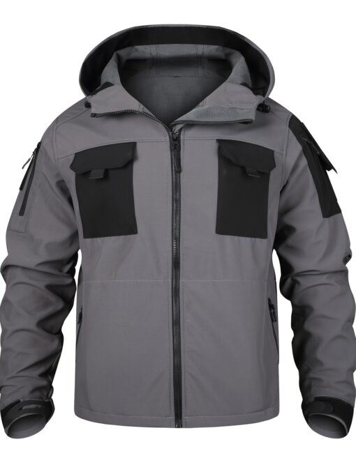 Men's Tactical Hooded Jacket - Soft Shell, Windproof, Fleece-Lined with Multiple Pockets for Warmth & Comfort, Olive Green with Black Accents, Perfect for Hiking, Outdoor, and Casual Wear - Image 5