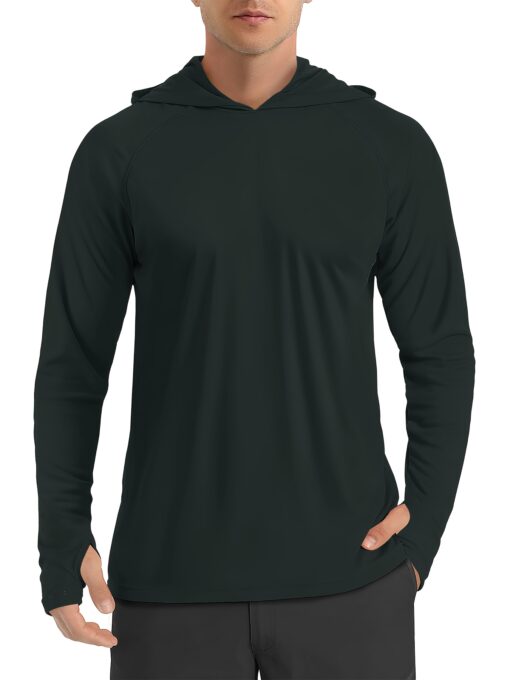 Men's Long Sleeve Hooded Athletic Shirt - Quick Dry, Breathable Polyester, UV Protection, Thumb Holes - Ideal for Running, Fishing, Swimming, Hiking, and Outdoor Activities, Versatile Outdoor Shirt | Sleek Athletic Shirt | Breathable Fabric, Long Sleeves Tops for Fitness - Image 2