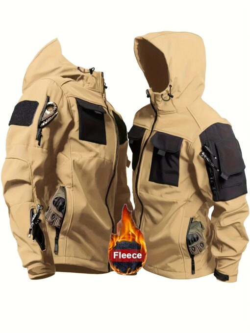 Men's Windproof Fleece-Lined Hooded Softshell Jacket - Multi-Pocket Shark Light Beige Design, Zip Closure, Regular Fit Polyester Coat for Hiking, Camping, Hunting, Fishing, Running & Training - Solid Color, Camping Jacket, Outdoor Apparel, Tactical Outdoor Wear, Durable Outdoor Wear - Image 2