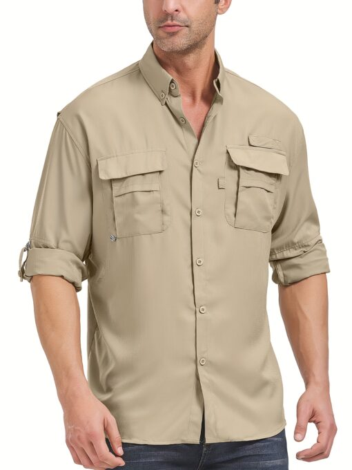 Men'S Summer Outdoor Sun Shirt, Quick Dry Lightweight Breathable Cooling Work Shirts, Long Sleeve UPF 50+ UV Protection Work Wear, Casual Button Cargo Shirts With Pocket, Lapel Collar, Regular Fit For Fishing, Hiking, Safari, Beach, Everyday Use - Image 3