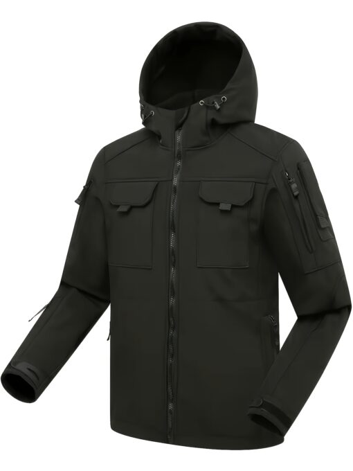Men's Windproof Fleece-Lined Hooded Softshell Jacket - Multi-Pocket Shark Light Beige Design, Zip Closure, Regular Fit Polyester Coat for Hiking, Camping, Hunting, Fishing, Running & Training - Solid Color, Camping Jacket, Outdoor Apparel, Tactical Outdoor Wear, Durable Outdoor Wear - Image 7