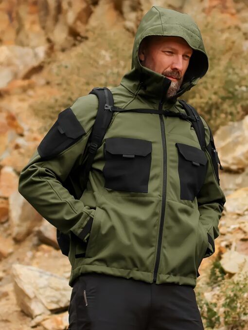 Men's Tactical Hooded Jacket - Soft Shell, Windproof, Fleece-Lined with Multiple Pockets for Warmth & Comfort, Olive Green with Black Accents, Perfect for Hiking, Outdoor, and Casual Wear - Image 7