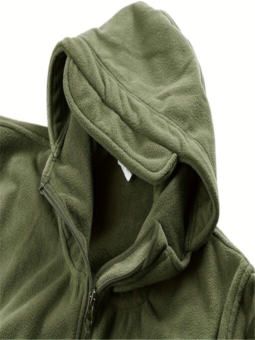 Men's Tactical Fleece Jacket - Full Zip Hooded Winter Coat, Windproof & Warm for Hunting, Outdoor Activities, and Casual Wear, Olive Green, Polyester Blend, Lightweight & Durable Design - Image 7