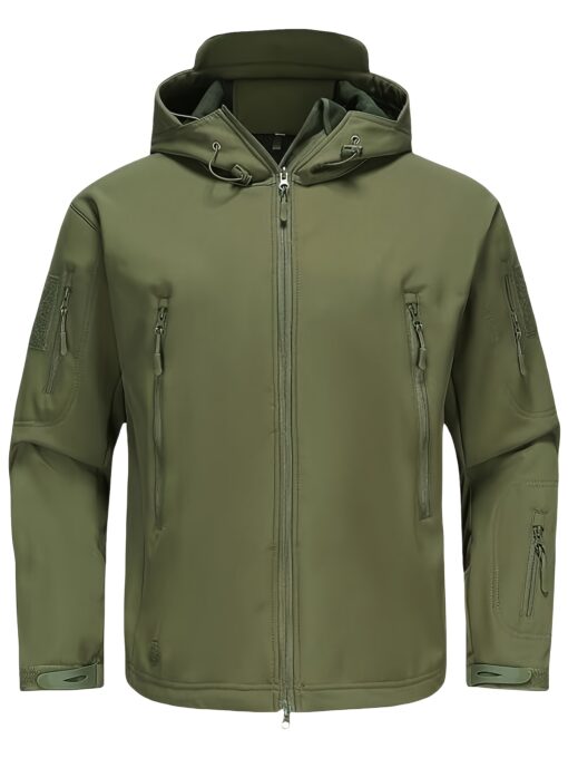 [Long Windproof Tactical Softshell Jacket] Men'S Tactical Softshell Jacket, Polyester Spandex Blend, Hooded, Zippered, Non-Stretch Fabric, Solid Color, Windproof, Long Length, Skinny Fit, with Pockets for Fall/Winter, Outdoor Activities - Image 3