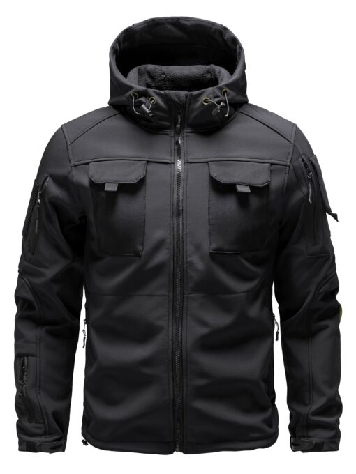 1pc Men's Waterproof Lightweight Soft Shell Jacket with Hood & Multiple Pockets - Thermal Insulated Outdoor Coat for Hiking, Camping, Casual Wear - Machine Washable, Regular Fit (Winter/Spring/Fall), Versatile Travel Jacket | Full Zip Jacket | Durable Zipper, Winter Camping Gear - Image 2