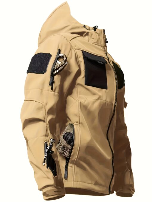 Men's Windproof Fleece-Lined Hooded Softshell Jacket - Multi-Pocket Shark Light Beige Design, Zip Closure, Regular Fit Polyester Coat for Hiking, Camping, Hunting, Fishing, Running & Training - Solid Color, Camping Jacket, Outdoor Apparel, Tactical Outdoor Wear, Durable Outdoor Wear - Image 5