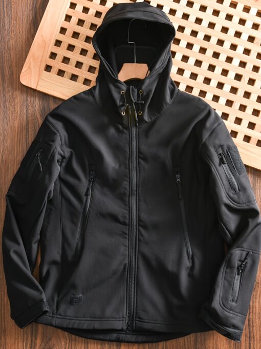 Men'S Tactical Hooded Jacket, Outdoor Soft Shell Shark Skin Jackets With Fleece, Multi Pocket, Autumn And Winter Warm Climbing Windproof Sports Coats, Casual Thermal Zip Up Outfit - Image 2