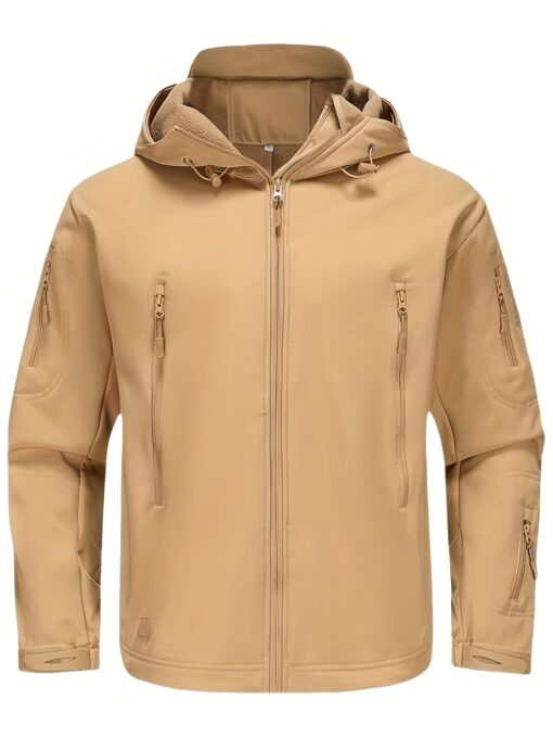 [Long Windproof Tactical Softshell Jacket] Men'S Tactical Softshell Jacket, Polyester Spandex Blend, Hooded, Zippered, Non-Stretch Fabric, Solid Color, Windproof, Long Length, Skinny Fit, with Pockets for Fall/Winter, Outdoor Activities - Image 2