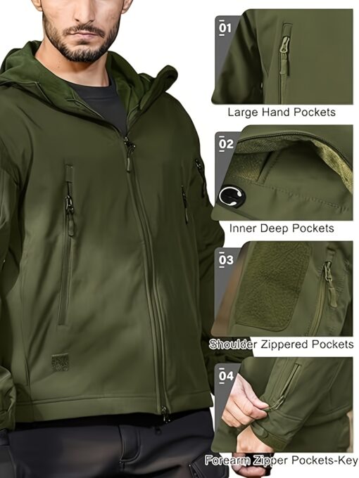 [Long Windproof Tactical Softshell Jacket] Men'S Tactical Softshell Jacket, Polyester Spandex Blend, Hooded, Zippered, Non-Stretch Fabric, Solid Color, Windproof, Long Length, Skinny Fit, with Pockets for Fall/Winter, Outdoor Activities - Image 9