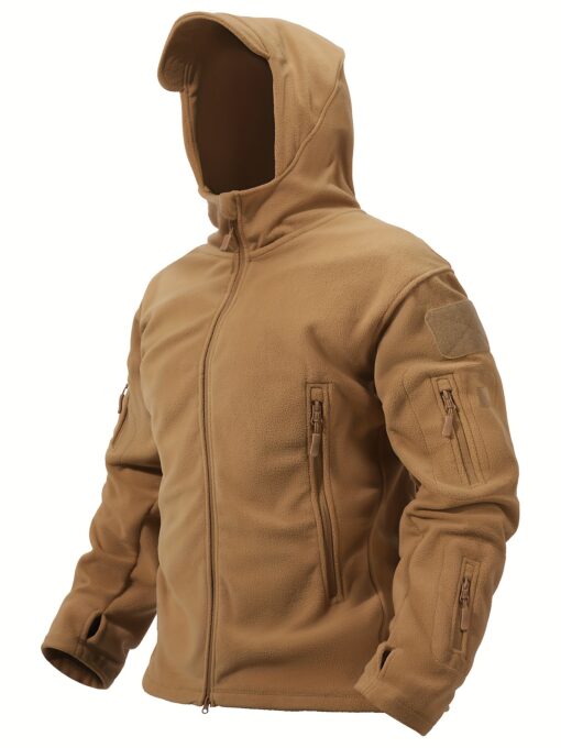 Men's Winter Tactical Hoodie Jacket - Windproof, Warm Polyester Fleece with Multiple Pockets, Thumbhole Cuffs, and Adjustable Drawstring Hem for Outdoor Sports and Hunting - Image 4