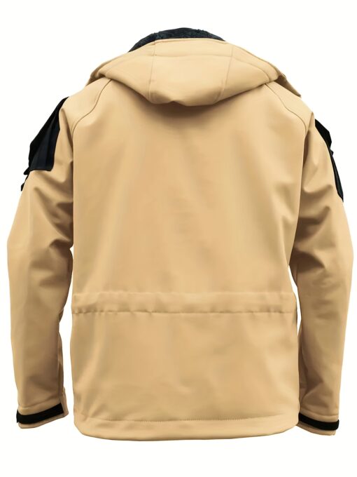 Men's Windproof Fleece-Lined Hooded Softshell Jacket - Multi-Pocket Shark Light Beige Design, Zip Closure, Regular Fit Polyester Coat for Hiking, Camping, Hunting, Fishing, Running & Training - Solid Color, Camping Jacket, Outdoor Apparel, Tactical Outdoor Wear, Durable Outdoor Wear - Image 9