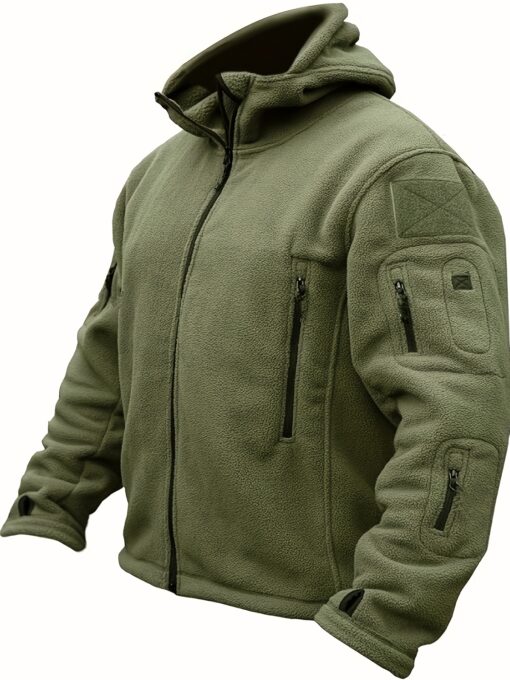 Men's Tactical Fleece Jacket - Full Zip Hooded Winter Coat, Windproof & Warm for Hunting, Outdoor Activities, and Casual Wear, Olive Green, Polyester Blend, Lightweight & Durable Design