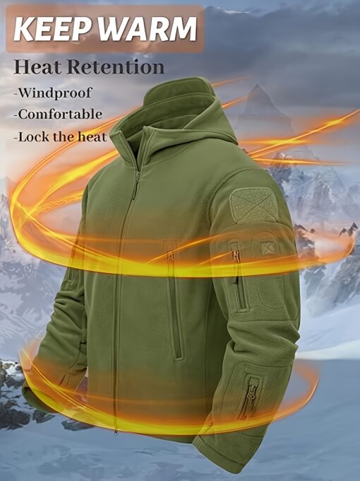 Men's Tactical Fleece Jacket - Full Zip Hooded Winter Coat, Windproof & Warm for Hunting, Outdoor Activities, and Casual Wear, Olive Green, Polyester Blend, Lightweight & Durable Design - Image 10