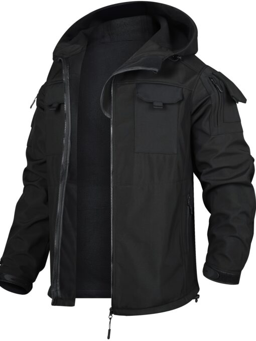 Men's Tactical Hooded Jacket - Soft Shell, Windproof, Fleece-Lined with Multiple Pockets for Warmth & Comfort, Olive Green with Black Accents, Perfect for Hiking, Outdoor, and Casual Wear - Image 3